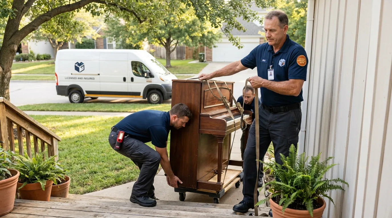 Licensed piano movers securing grand piano in Saucier, MS
