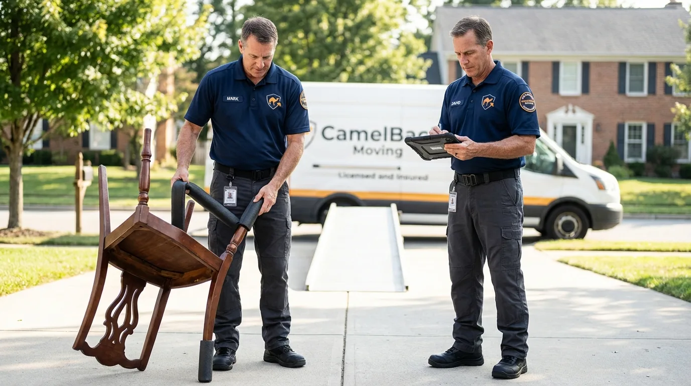 Movers inspecting furniture for damage prevention before loading in Saucier, MS